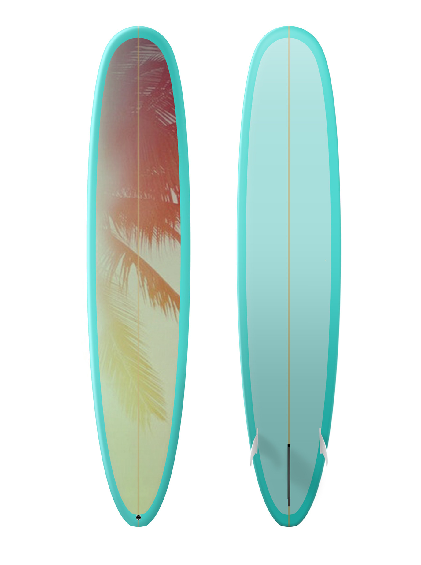 A teal surfboard featuring a top design of a palm tree that fades from red to yellow, giving it a bold, tropical sunset vibe.