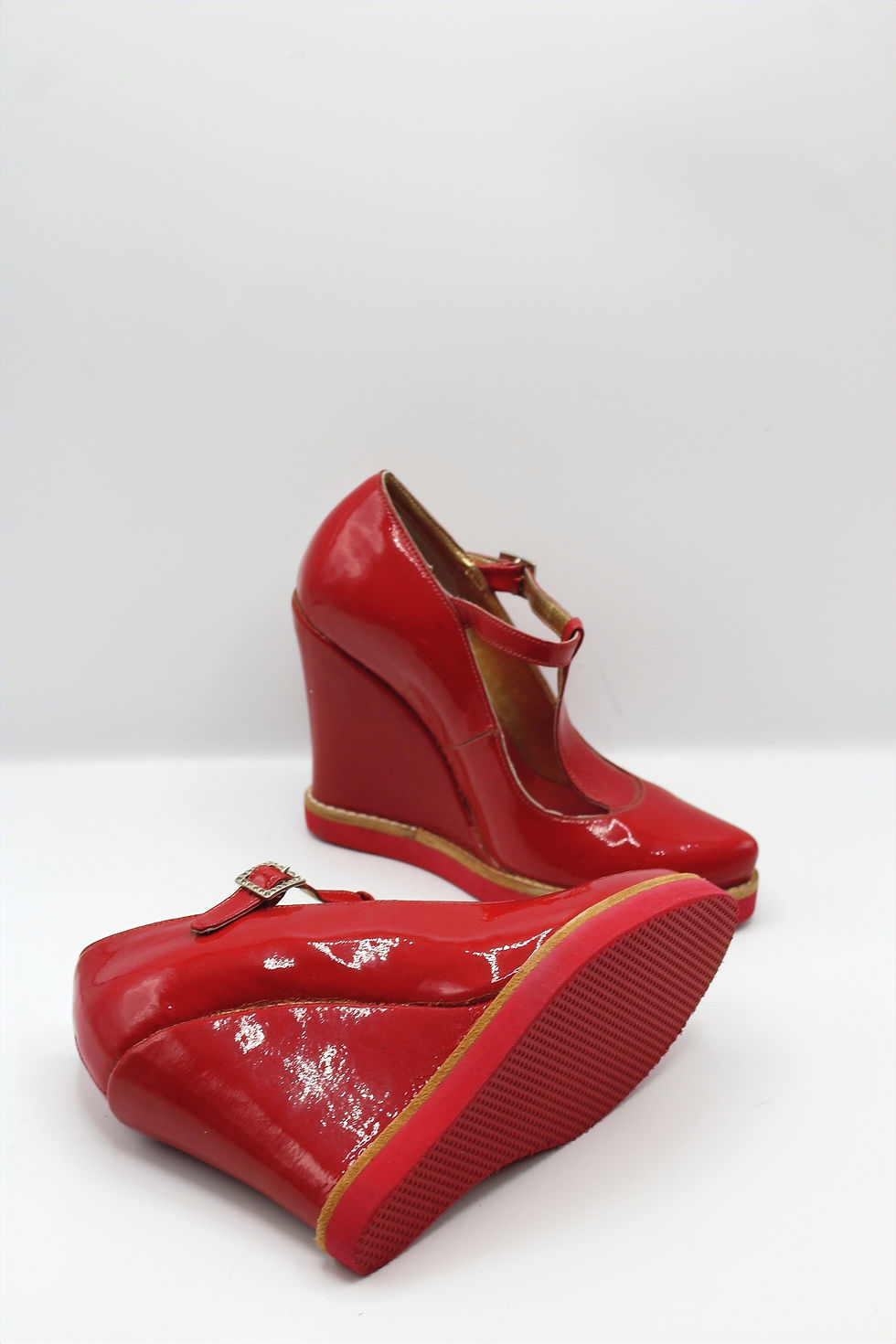 Thumbnail: Red Patent T Bar Wedge Original Sample Sample sale