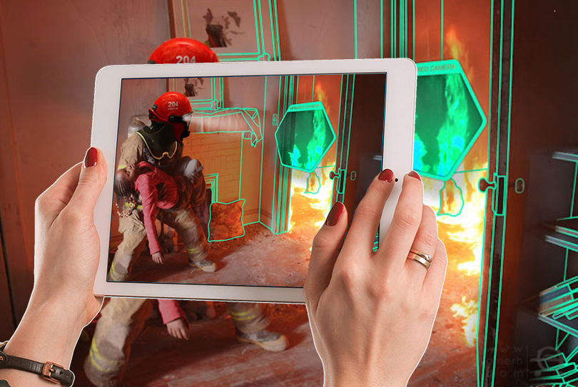 Interactive AR training application on tablet , offering fire rescue instructions amidst a simulated emergency scenario