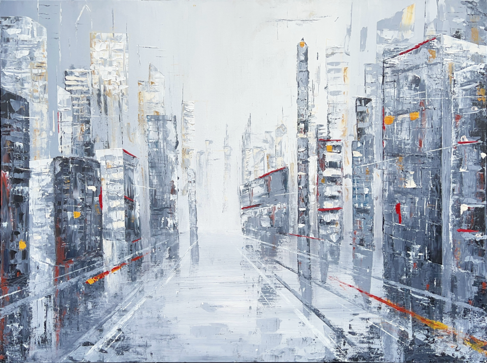 A bustling cityscape painting with tall buildings, busy streets, and a vibrant atmosphere