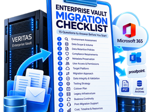 Enterprise Vault migration checklist infographic showing 15 planning questions and key considerations for Veritas Enterprise Vault migration, including data integrity, compliance and validation.