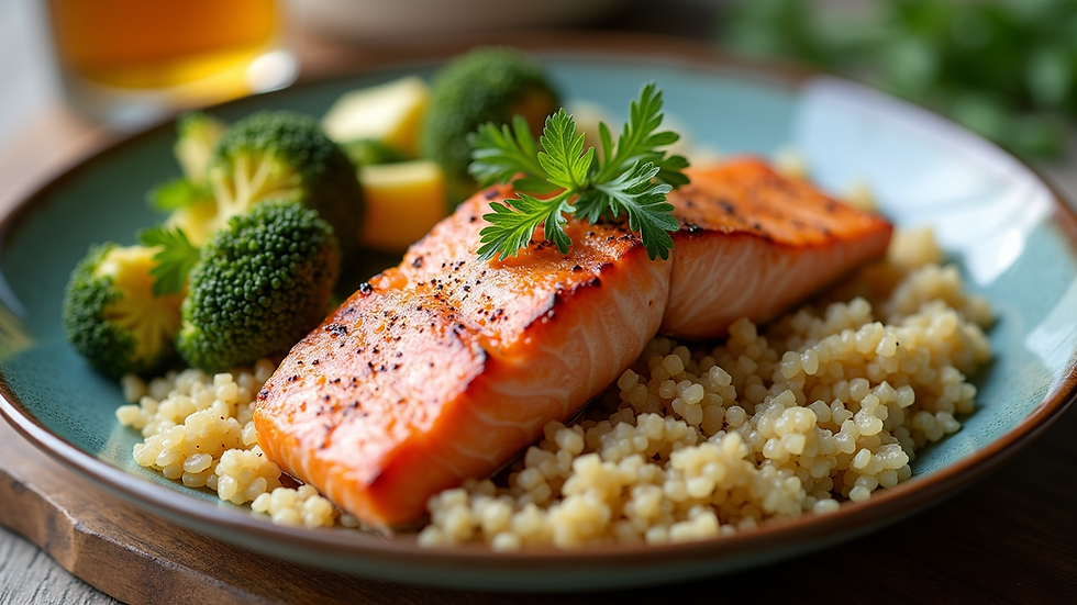 Eye-level view of a colourful plate with grilled salmon, vegetables, and quinoa