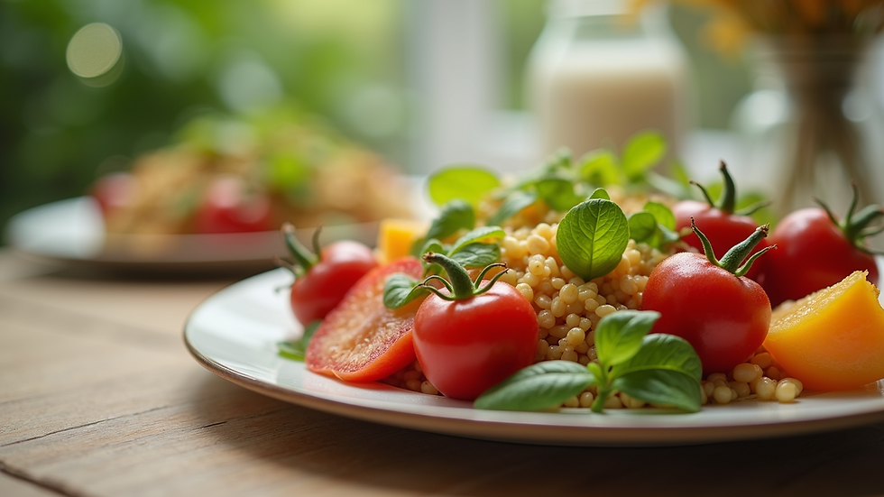 Close-up view of a healthy meal with fruits and vegetables for women's nutrition