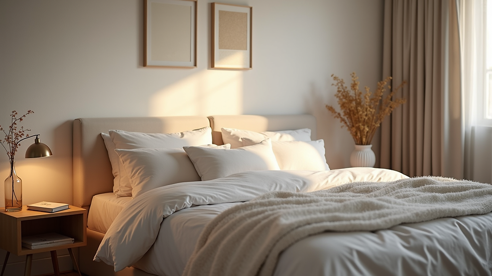 Eye-level view of a cozy bedroom with soft lighting and a neatly made bed