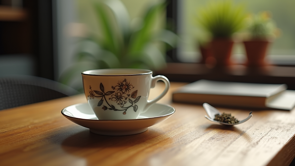Close-up view of herbal tea cup on a wooden table