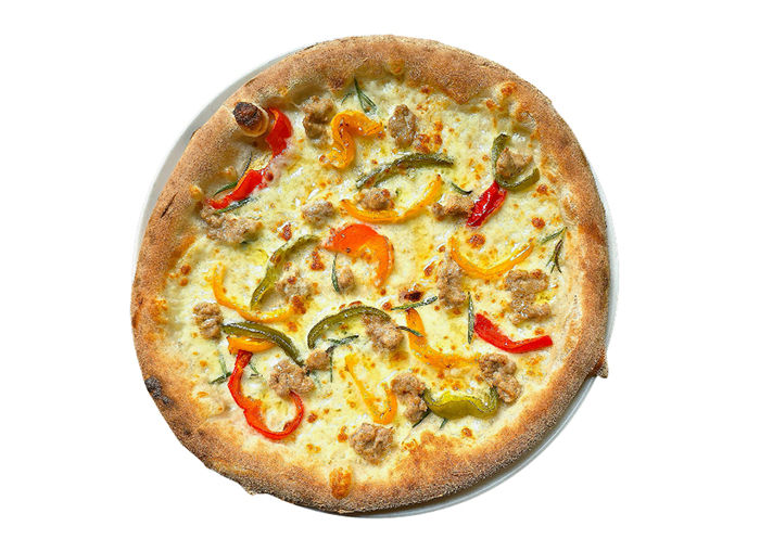 Wood-fired Sausage Pizza with mozzarella, Salsiccia sausage, capsicum, and rosemary at Baci Baci Ristorante Italiano