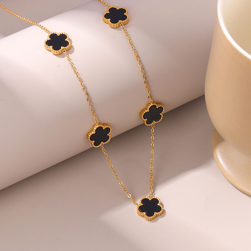14K Gold Plated Stainless Steel Necklace Woman Five Leaf Petals Double Sided Nec