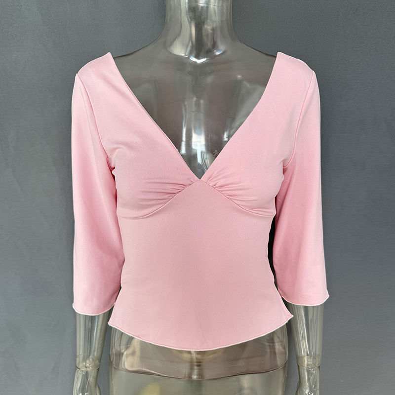 Thumbnail: Sexy V-Neck T-shirts Women Tops Summer Long Sleeve Slit Solid Pullover Slim-Fit 
