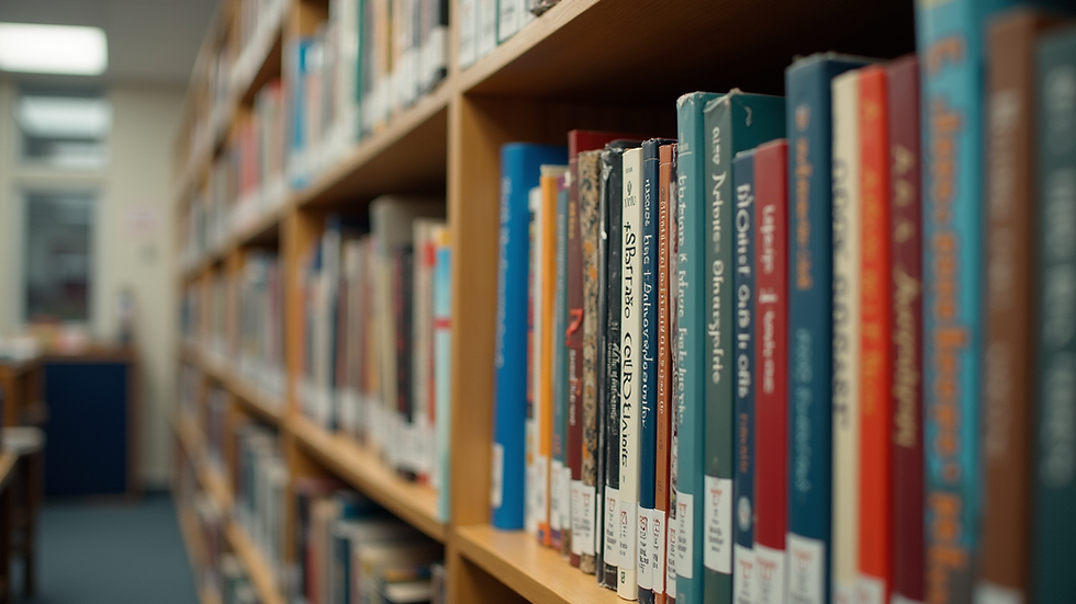 Eye-level view of a classroom bookshelf filled with diverse reading materials