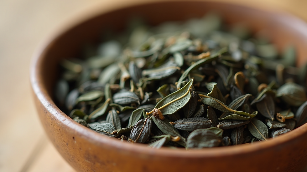 Close-up view of loose tea leaves in a wooden bowl