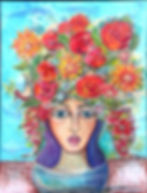 "Princess Flora" a vibract figure in a vase of water with colorful brilliant flowers growing from her heaf