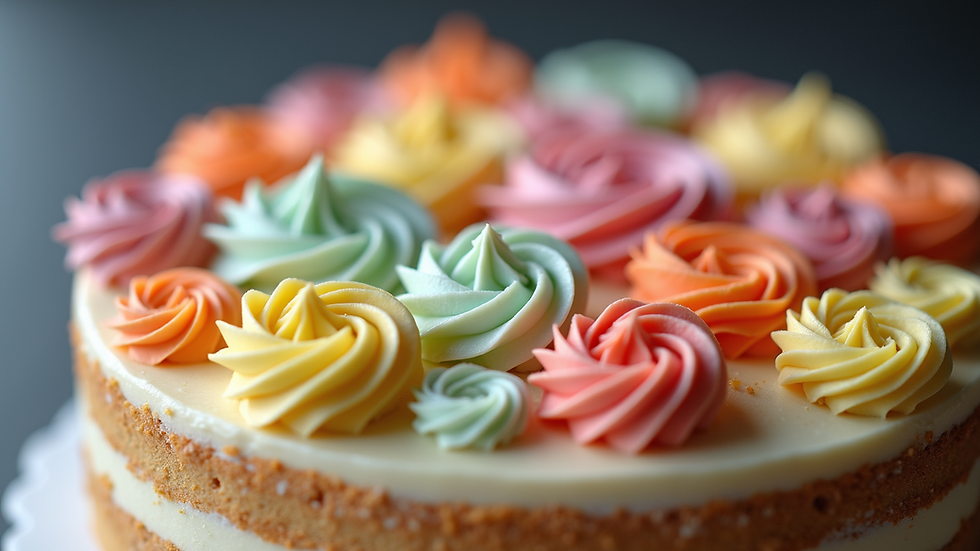 Close-up view of a beautifully decorated custom cake with colorful frosting