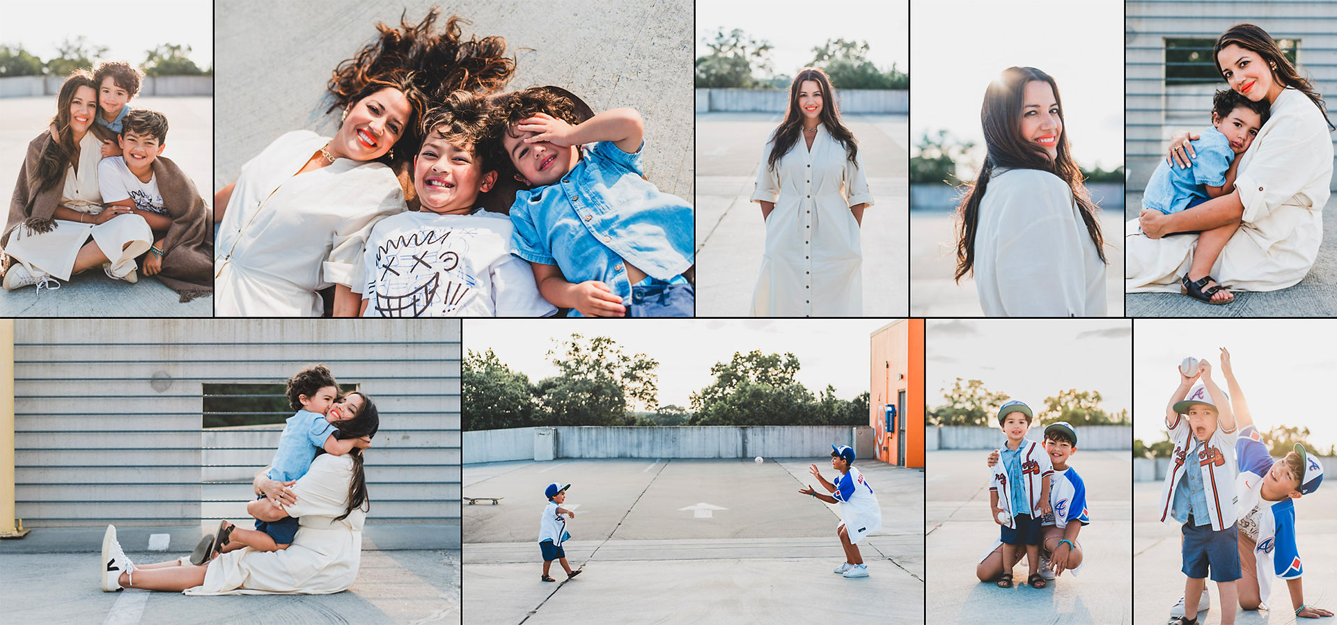 Mom and 2 kids playing with skateboard in a parking lot wearing jerseys