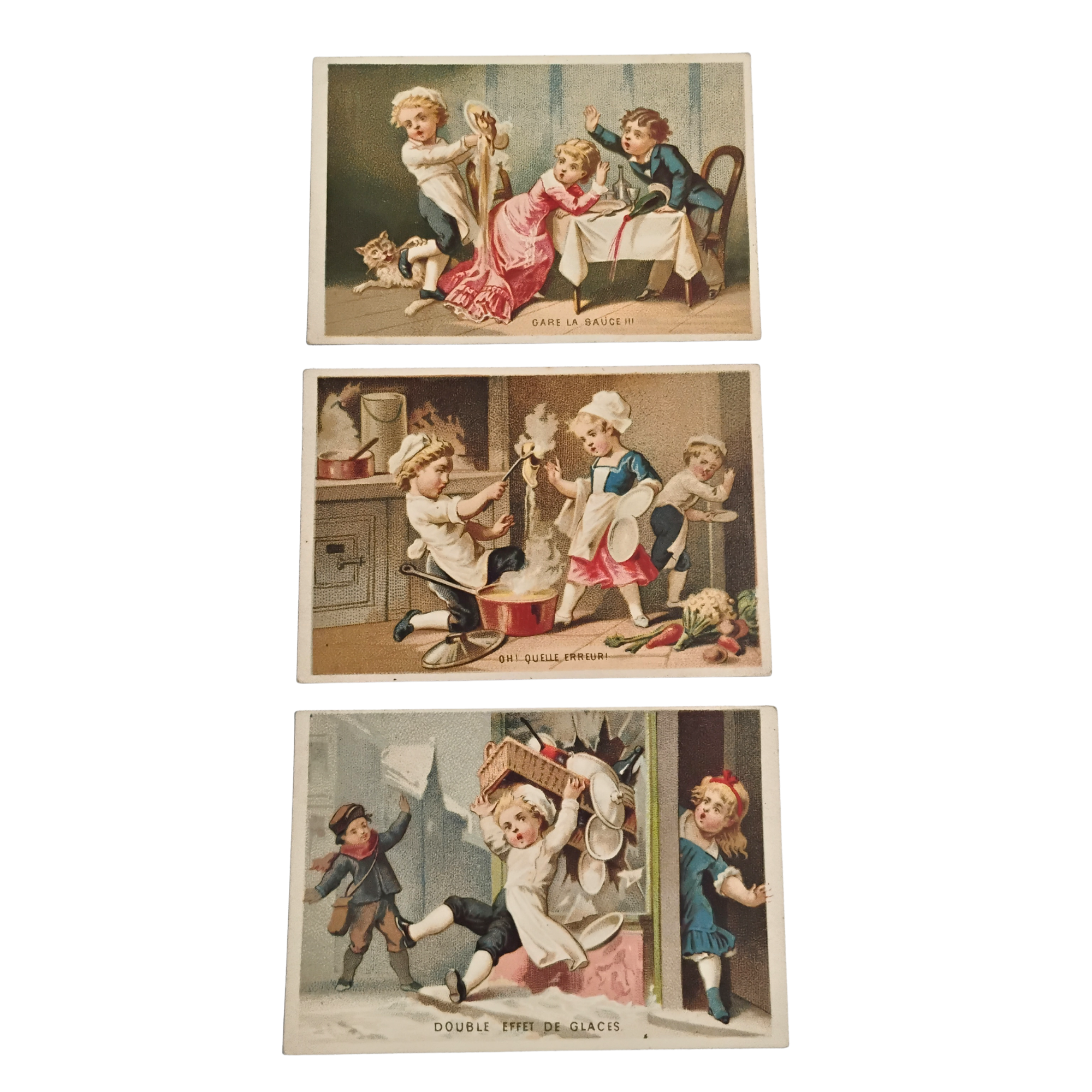 Lot of 3 Antique French Chromolithograph Trade Cards Victorian Chromo Blank Back