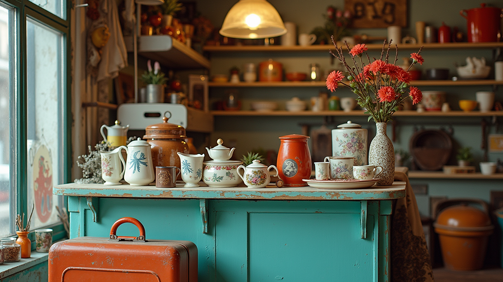 Eye-level view of a colorful thrift store display with various vintage items