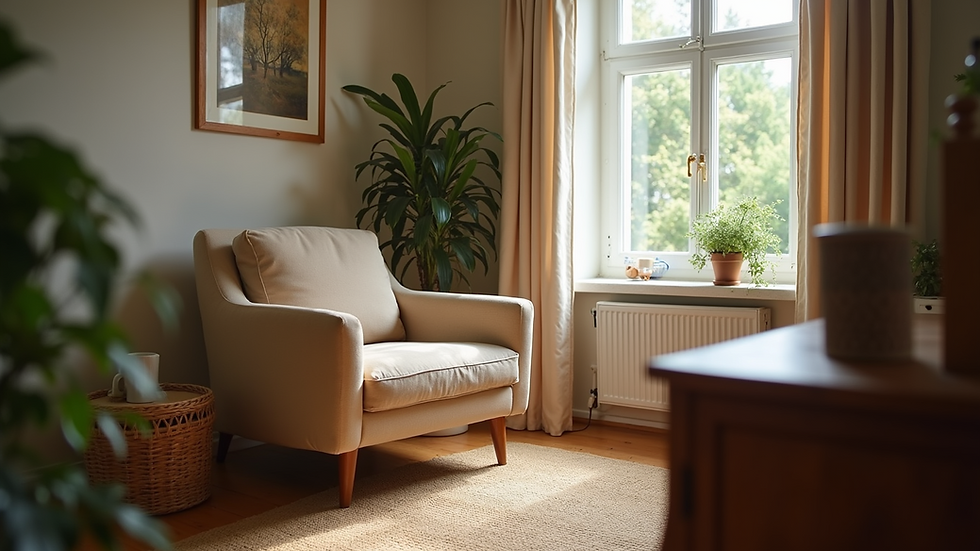 Eye-level view of a cozy living room with a comfortable armchair