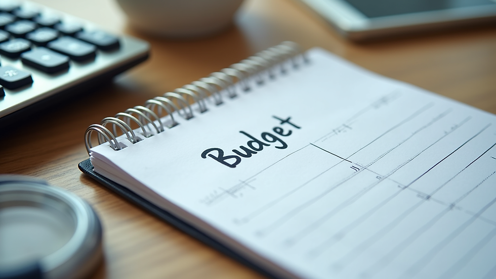 Close-up view of a calculator and a notepad with handwritten budget notes