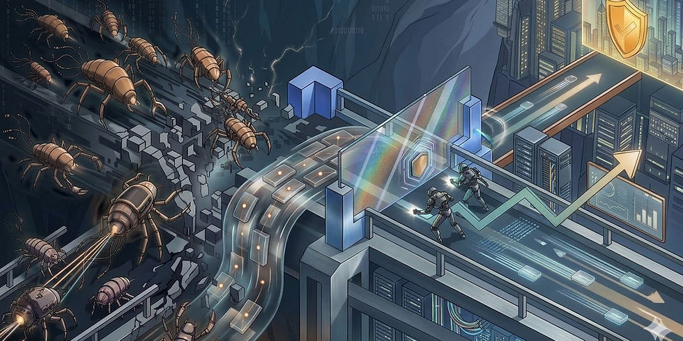 Cybersecurity isometric illustration of a secure glass barrier protecting a digital city's data flow from mechanical bug attacks.