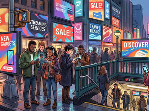Diverse crowd on a city street corner looking down at smartphones, ignored by bright neon digital out-of-home advertising billboards and subway entrance displays.