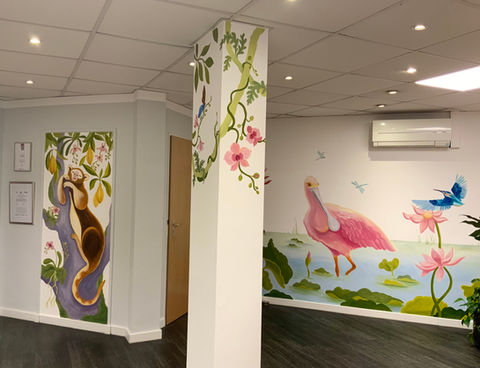 Hand-painted murals for a children's clinic. Jungle mural. Roseate spoonbill. 