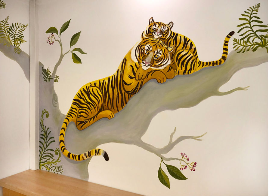 Hand-painted murals for a children's clinic. Jungle mural. Tiger mural.