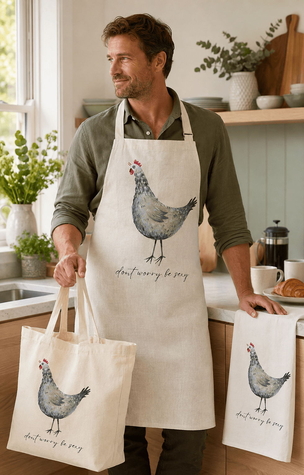 Mann mit Küchenschürze, Stofftasche und Küchentuch mit "Madame Henriette" grauer Henne und Schriftzug „Don’t worry be sexy“