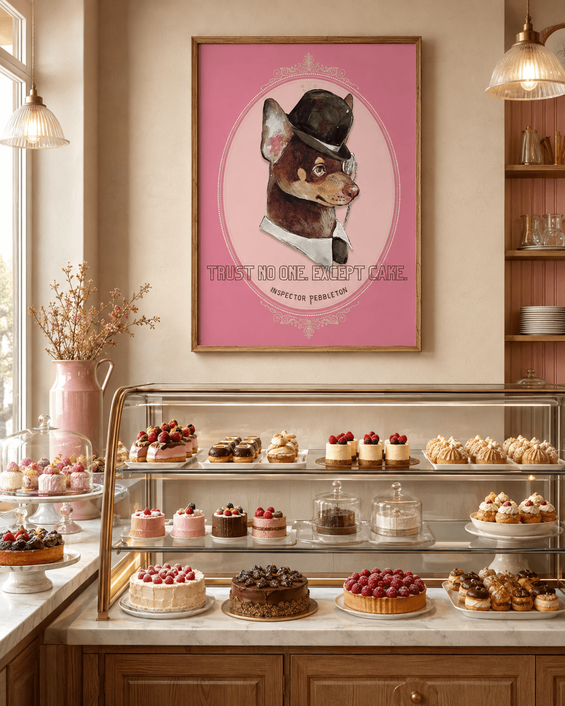 Gerahmtes Inspector-Pebbleton-Wandbild über der Kuchentheke in einem stilvollen Café