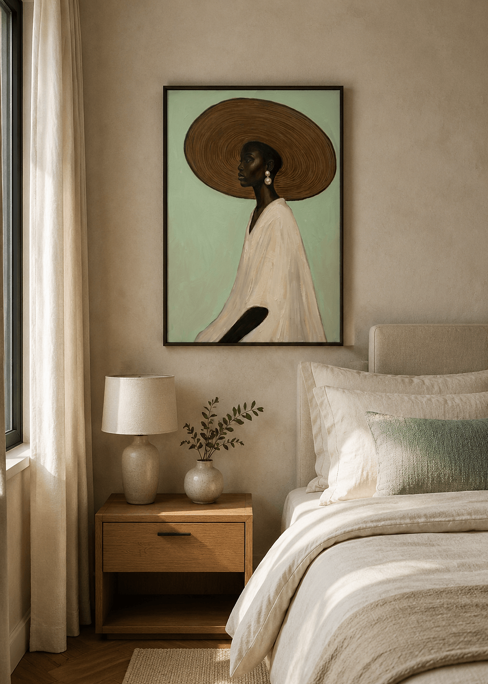 Miniaturbild: A2-Kunstdruck „Lady mit dunklem Hut“ im hellen Gästezimmer mit cremefarbenem Bett und sanften Mint-Akzenten