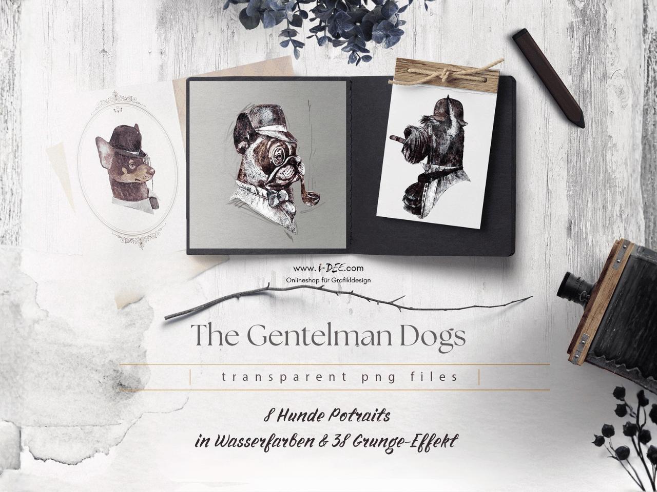 Vintage Gentleman Dogs Design-Bundle mit acht illustrierten Hunde-Portraits im nostalgischen Grunge-Stil