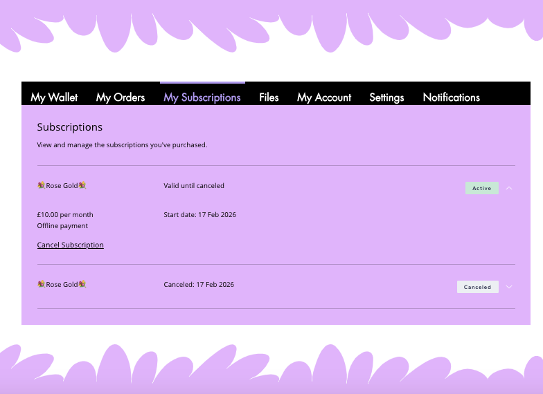 Rose Gold Membership on My Subscriptions Tab