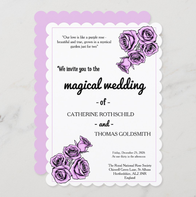 Thumbnail: Mystical Purple Rose Wedding Invitation with Unique Corners: Made to Order