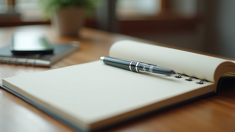 Close-up view of a notebook and pen on a wooden desk, symbolizing personal growth and reflection