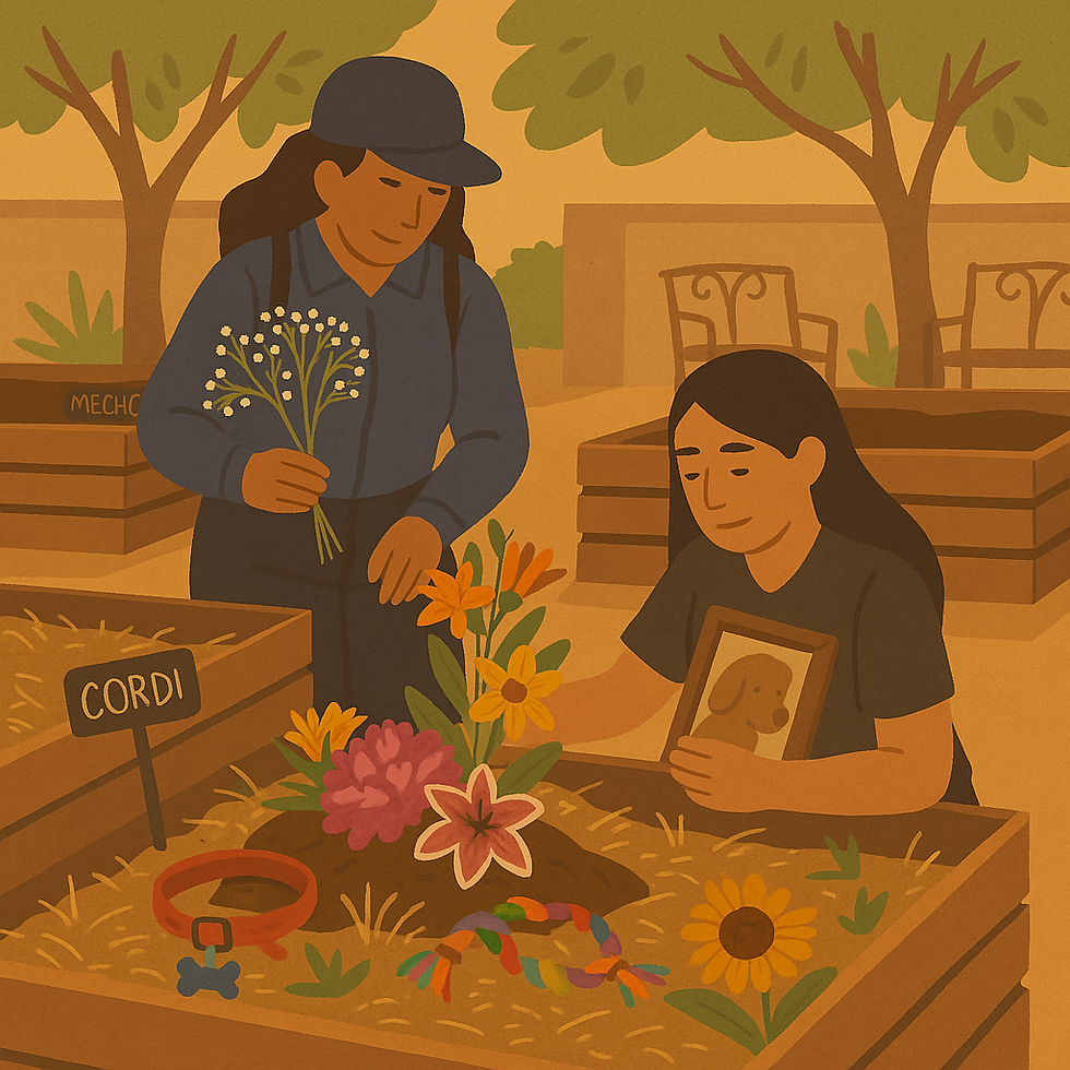 Dos mujeres haciendo un ritual de despedida para su mascota. Se hizo con el compostaje de mascotas