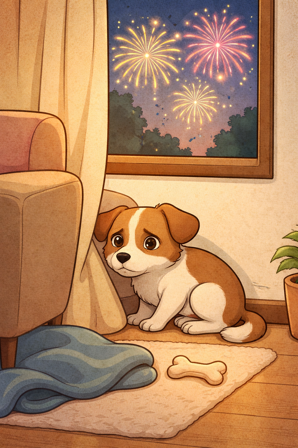 Un perro asustado por los sonidos intensos de fuegos artificiales usados en navidad y fiestas de fin de año