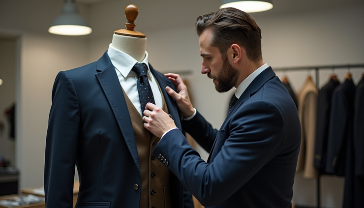 Eye-level view of a tailor adjusting a partially finished bespoke jacket on a mannequin in a bright workshop