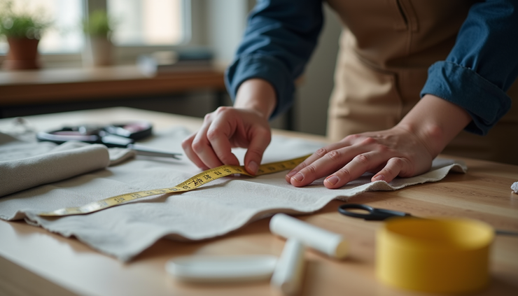 Hands measure beige fabric with a yellow tape on a wooden table, surrounded by sewing tools in a soft-lit home workshop.