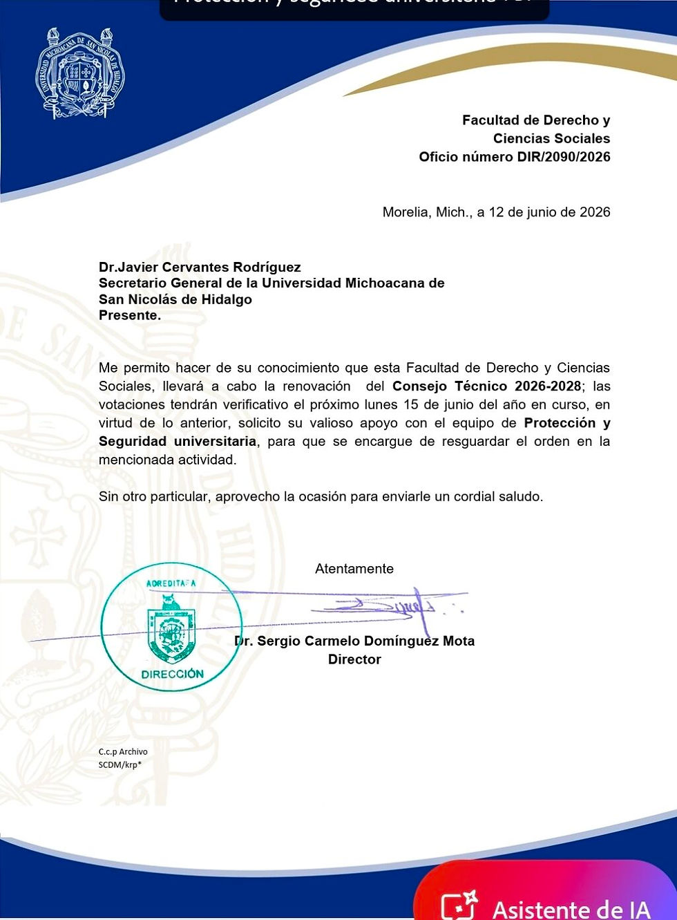 Presunto documento oficial donde se solicito el apoyo de Protección y Seguridad Universitaria previo a las elecciones en la Facultad de Derecho y Ciencias Sociales.
