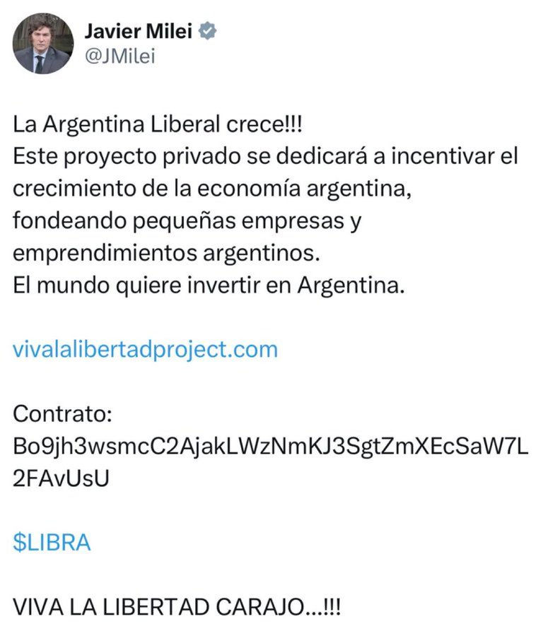 Mensaje eliminado de la cuenta de X del Presidente Milei. Imagen: especial.