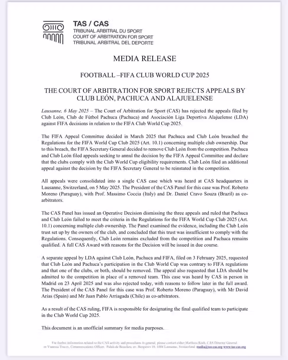 Decisión del Tribunal de Arbitraje Deportivo publicada.