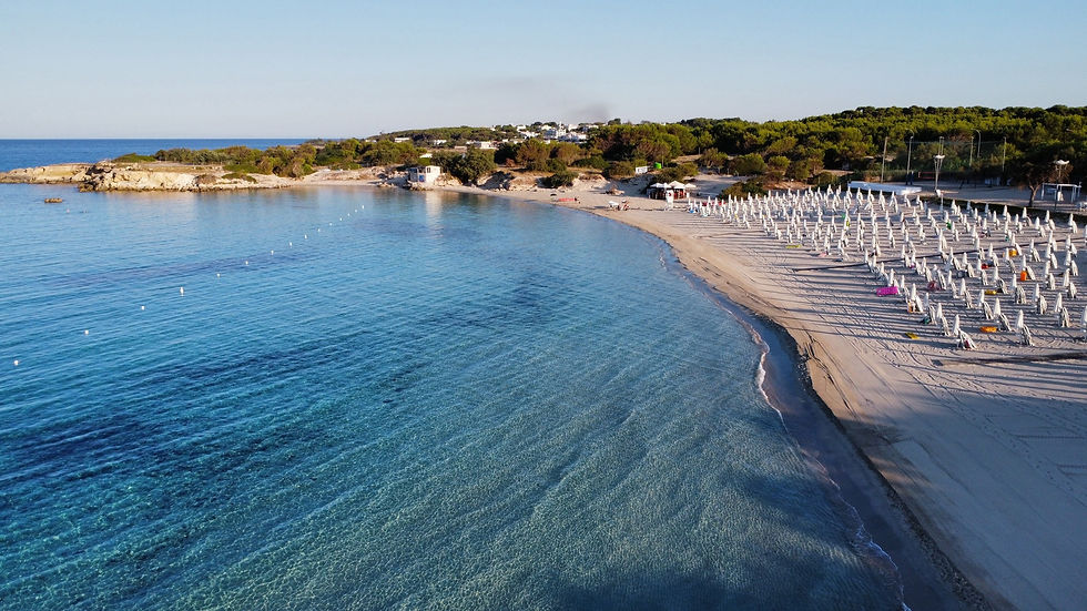 Vista aerea di una spiaggia in Puglia con acqua blu limpida.