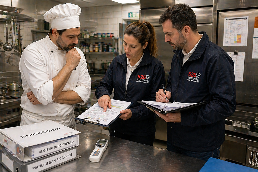 Consulenti HACCP verificano documentazione con uno chef in cucina professionale durante un controllo sicurezza alimentare.