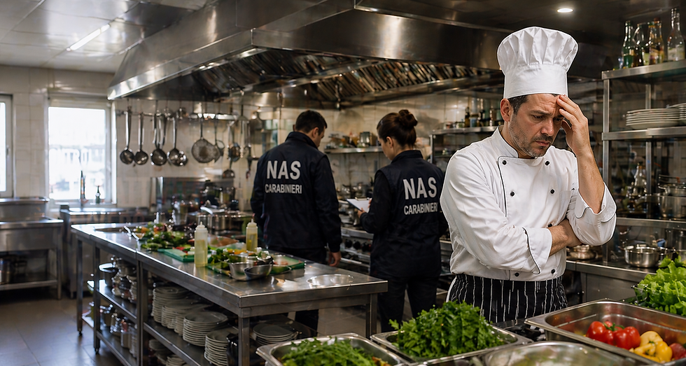 Chef preoccupato in cucina professionale mentre un’ispezione NAS dei Carabinieri è in corso sullo sfondo.