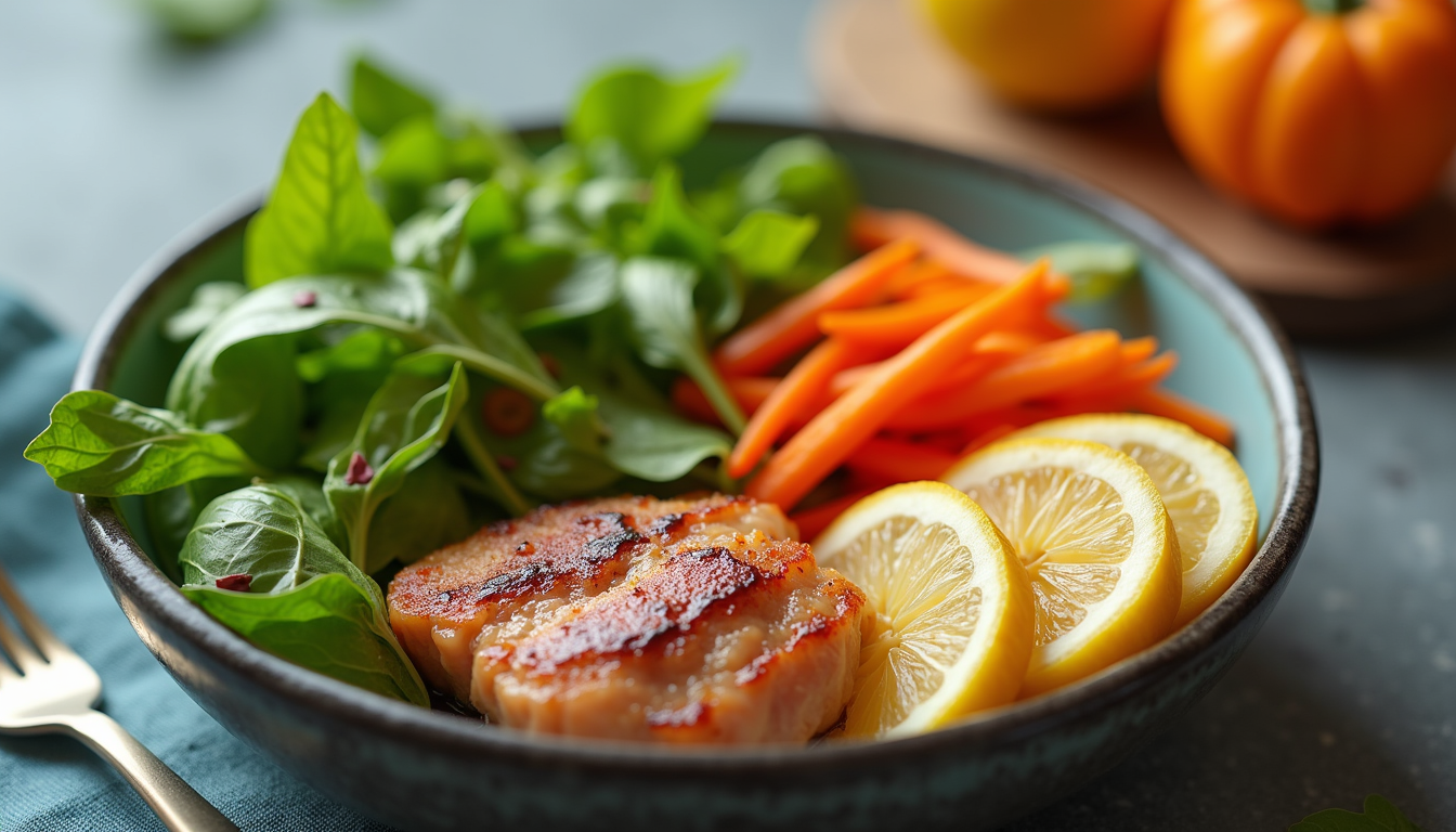 Close-up of a balanced meal with vegetables and lean protein