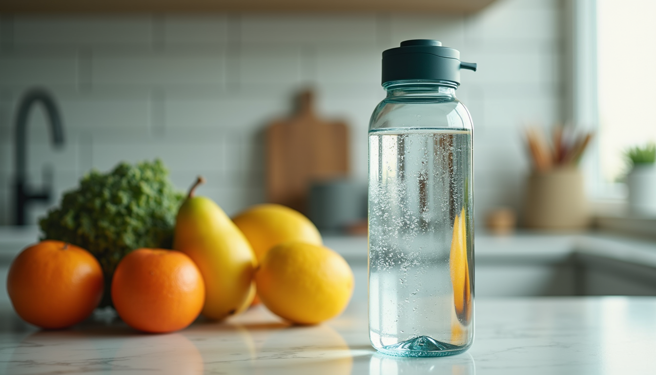 Close-up view of a water bottle and fresh fruit on a kitchen counter