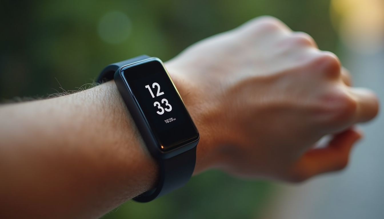 Close-up of a fitness tracker displaying workout progress on a wrist