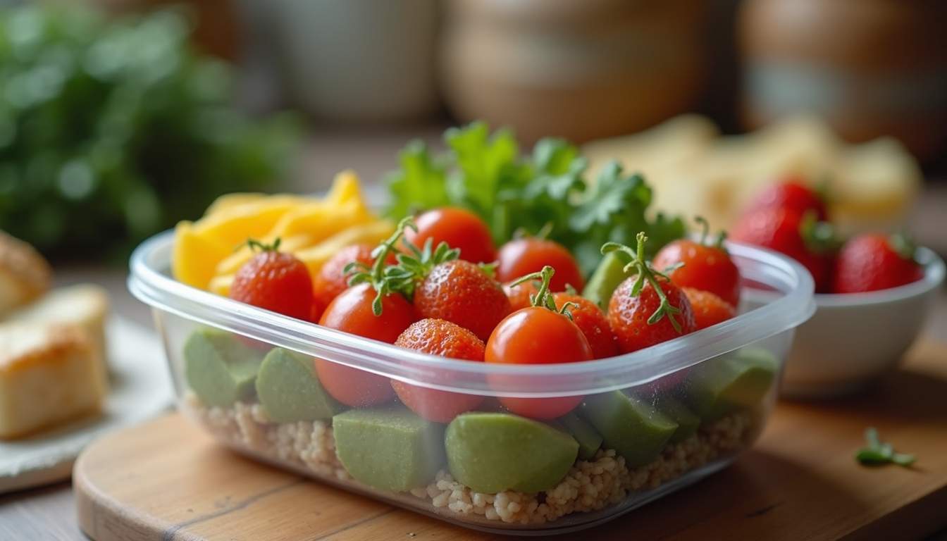 Close-up view of a healthy meal prep container