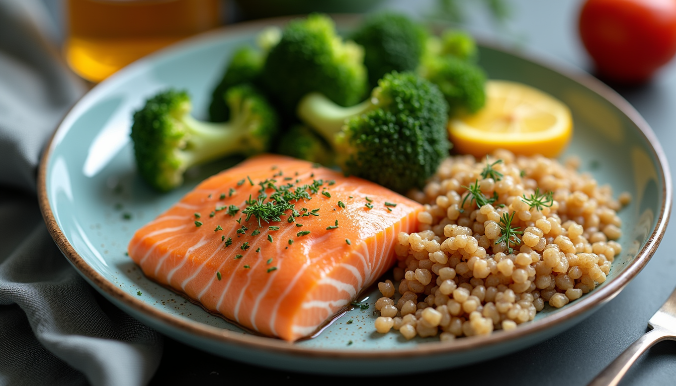 High angle view of a balanced plate with salmon, broccoli, and quinoa