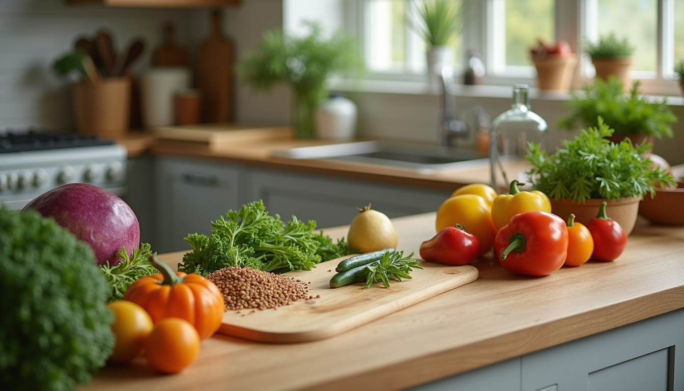 High angle view of a kitchen counter with fresh vegetables, grains, and cooking utensils