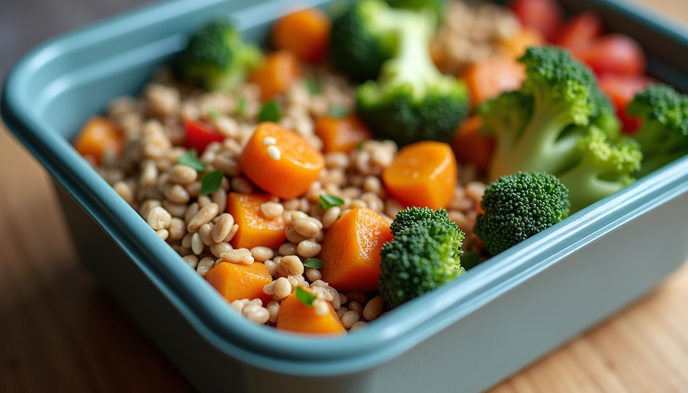 Close-up of a meal prep container with colourful roasted vegetables and grains