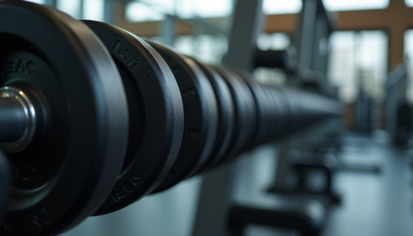 Close-up view of gym equipment with weights arranged